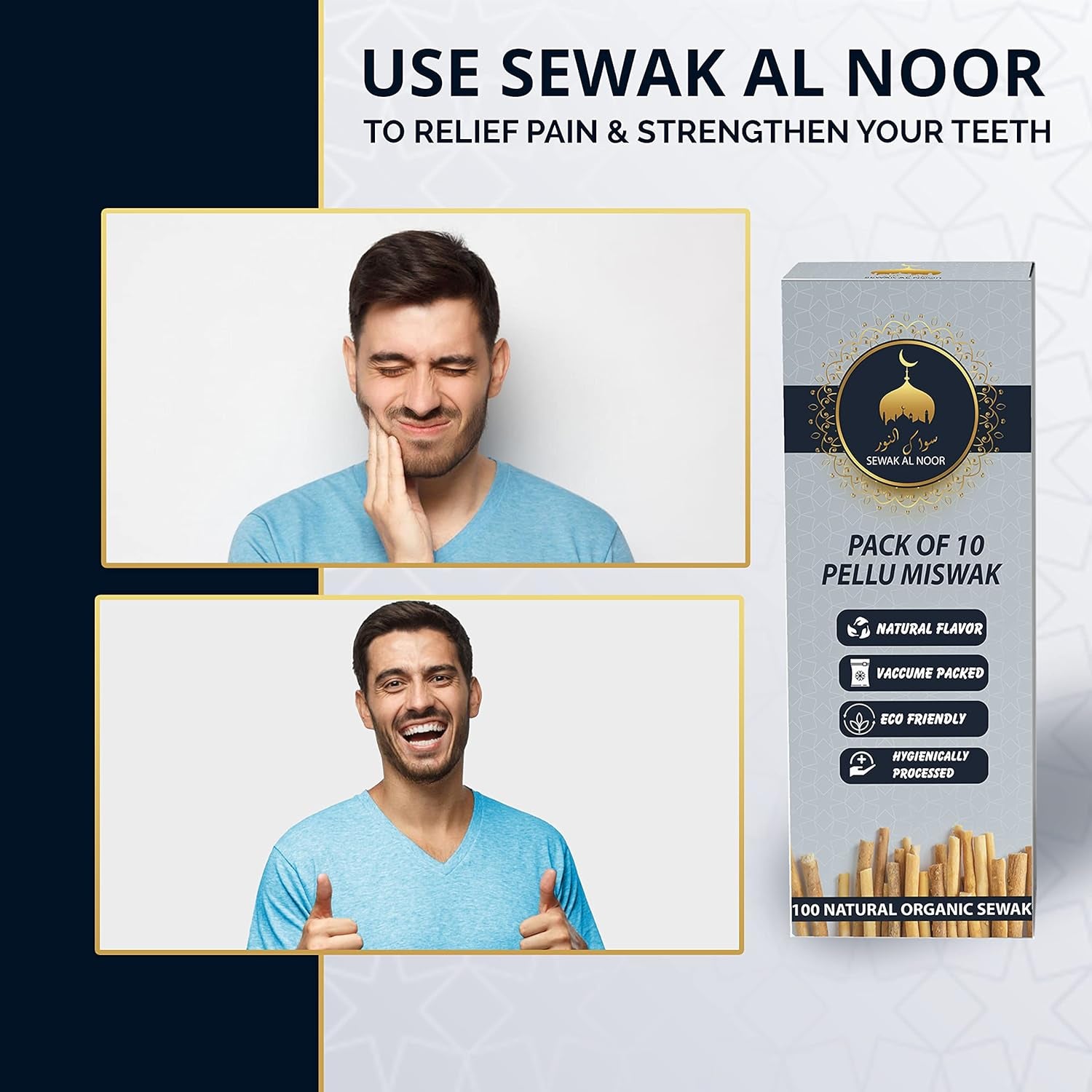 Pack of 10 Miswak Sticks for Teeth with Holder - Vacuum Sealed Natural Flavored Chew Sticks for Humans - Natural Toothbrush for Teeth Whitening, Oral Health & Fresh Breath || Pack of 10